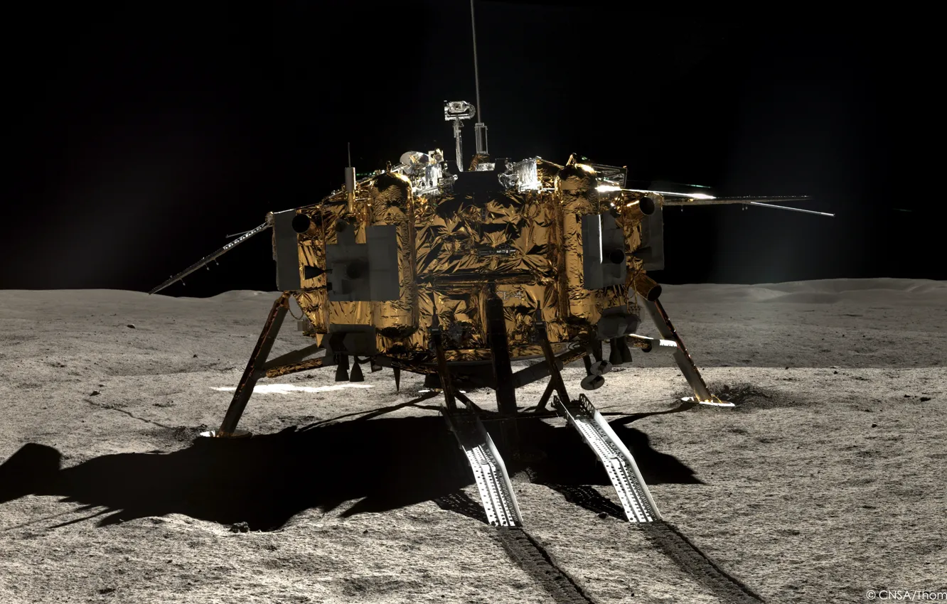 Фото обои поверхность, Луна, посадочный модуль, CNSA, lunar rover Yutu-2, луноход Юйту-2, Чанъэ-4, Китайское национальное космическое управление