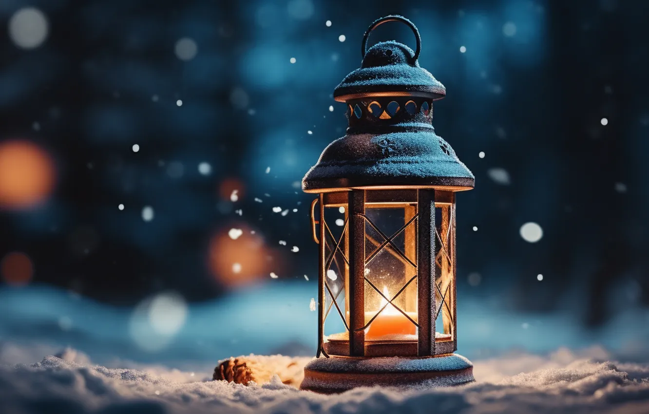 Фото обои зима, снег, ночь, Рождество, фонарь, Новый год, Christmas, night