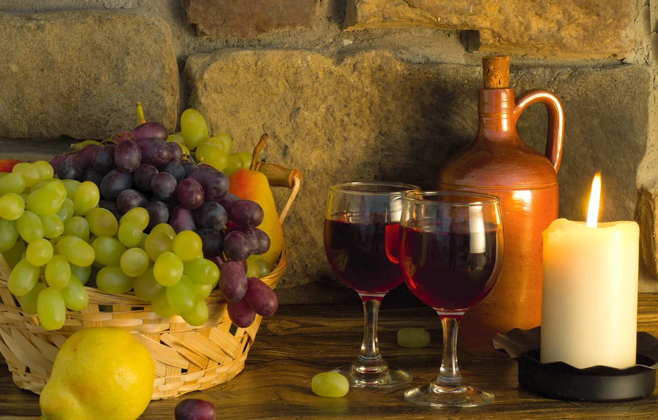 Фото обои вино, свеча, виноград