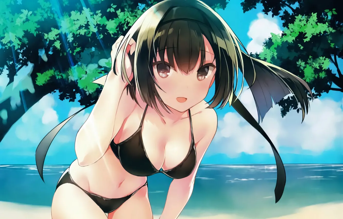 Фото обои girl, sexy, cleavage, beach, sea, boobs, anime, beautiful