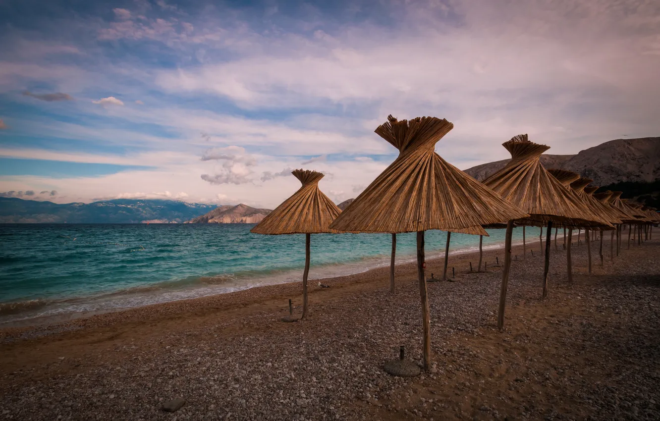 Фото обои пляж, зонтики, Хорватия, Адриатика, Приморье-Горски