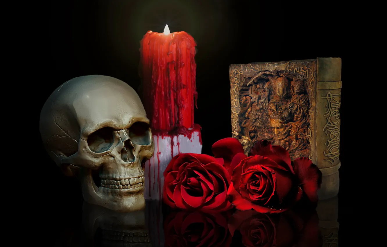 Фото обои череп, розы, свеча, книга