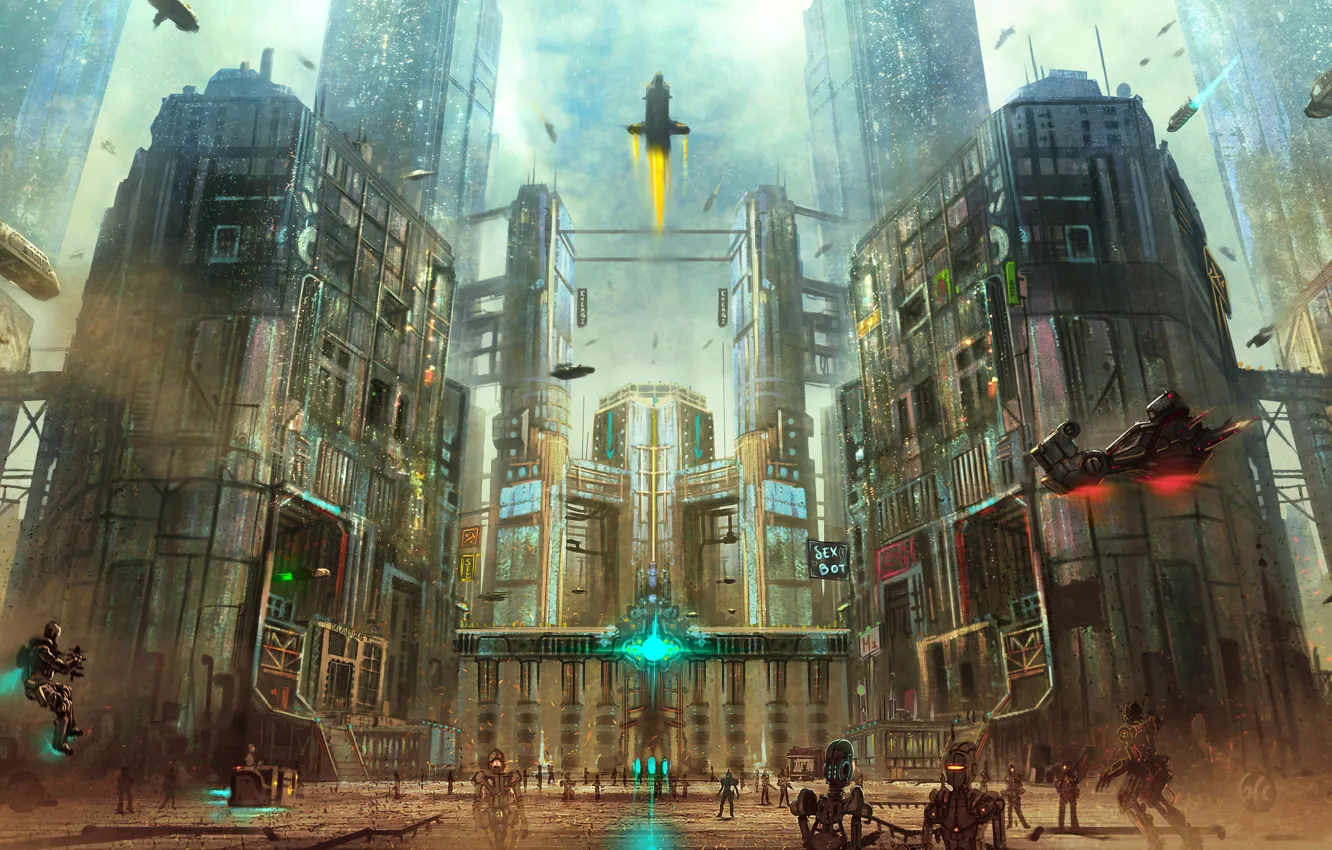Фото обои город, фантастика, небоскребы, роботы, площадь, мегаполис, art, Cyberpunk