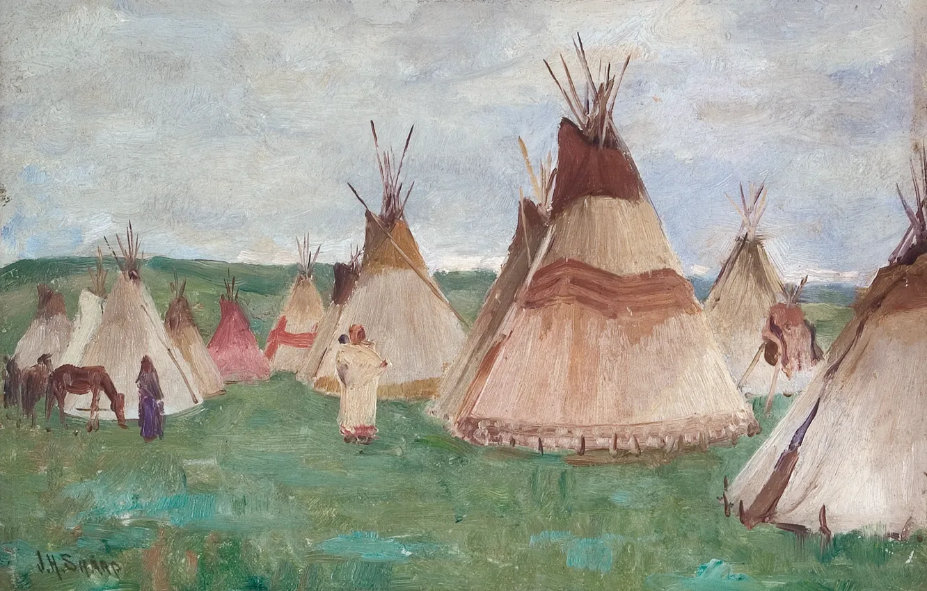 Фото обои лошадь, жилища, Joseph Henry Sharp, Glacier Park, Blackfoot