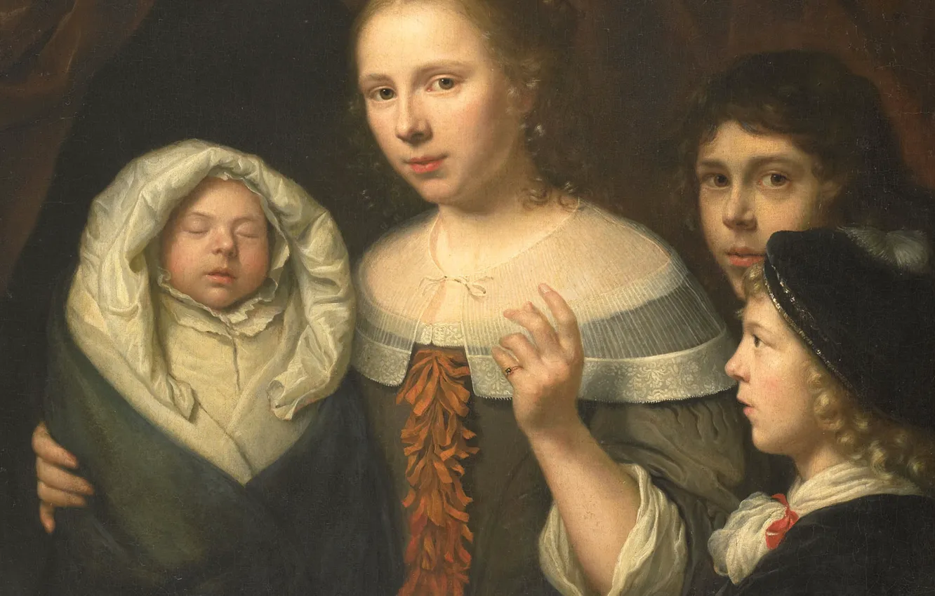 Фото обои масло, картина, холст, 1677, Портрет молодой женщины с тремя детьми, Валлерант Вайлант, Wallerant Vaillant