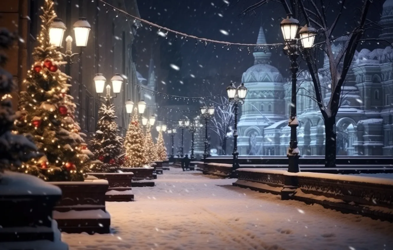 Фото обои зима, снег, украшения, ночь, город, lights, улица, елка