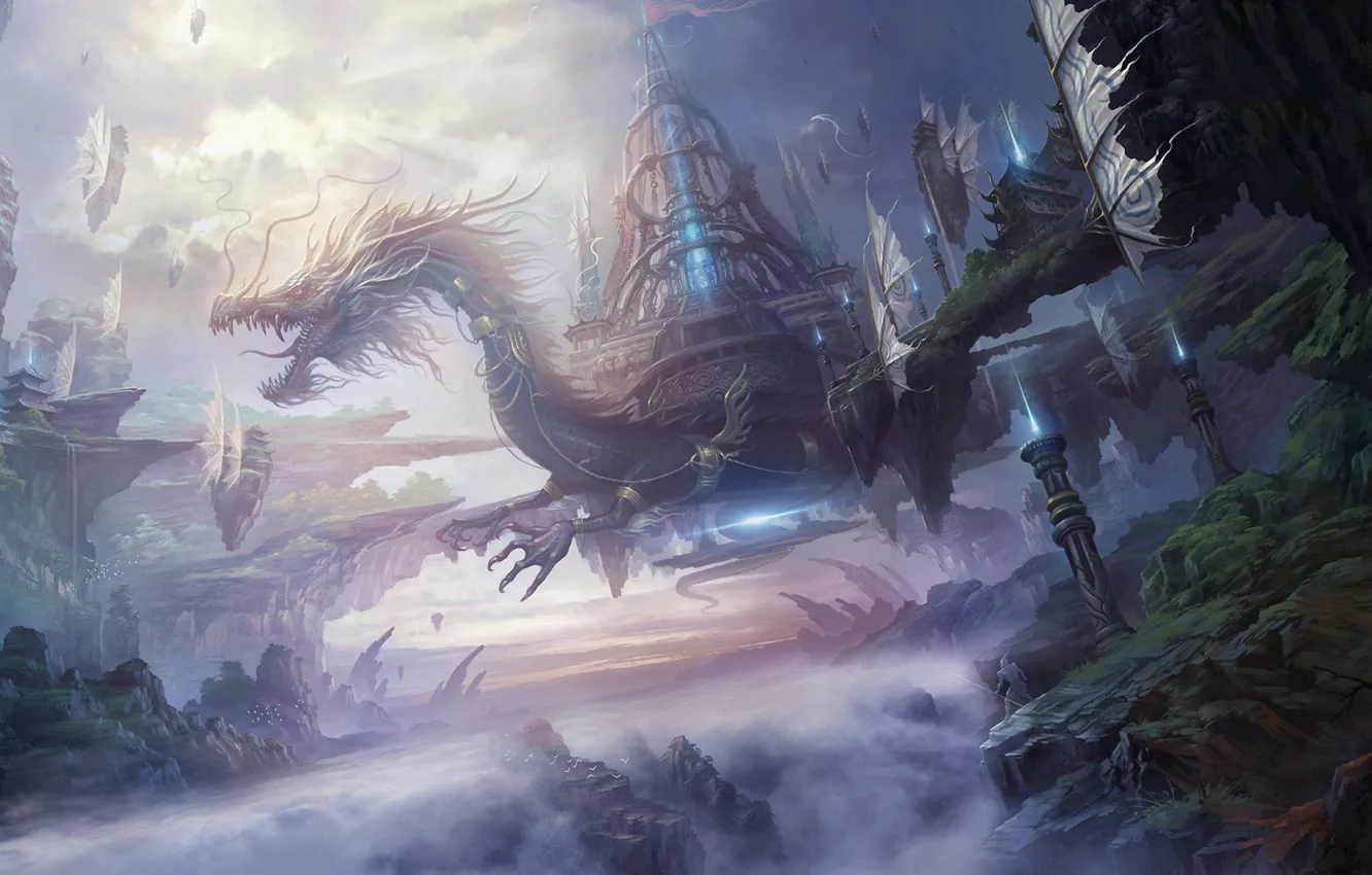 Фото обои туман, замок, дракон, арт