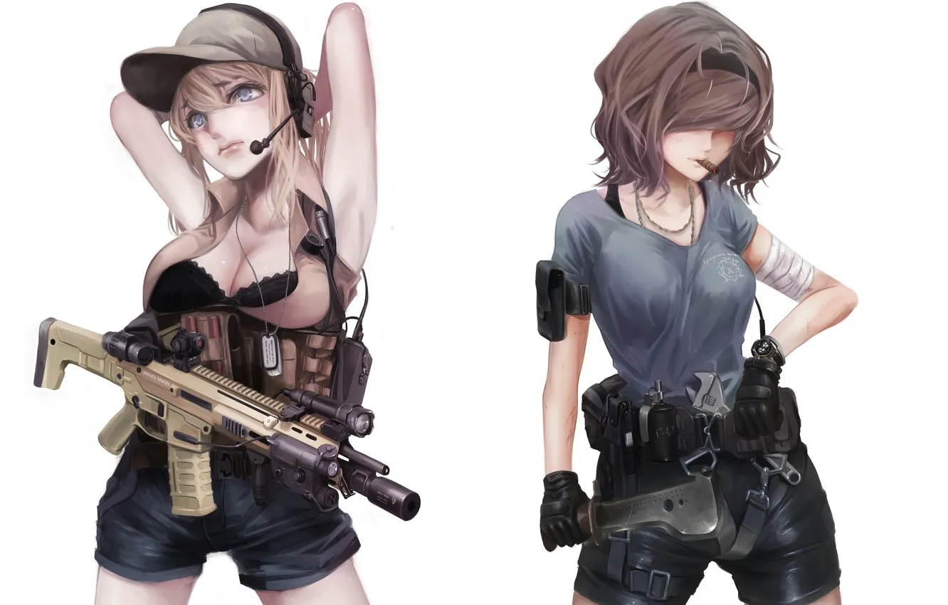 Фото обои оружие, девушки, арт, белый фон, terabyte