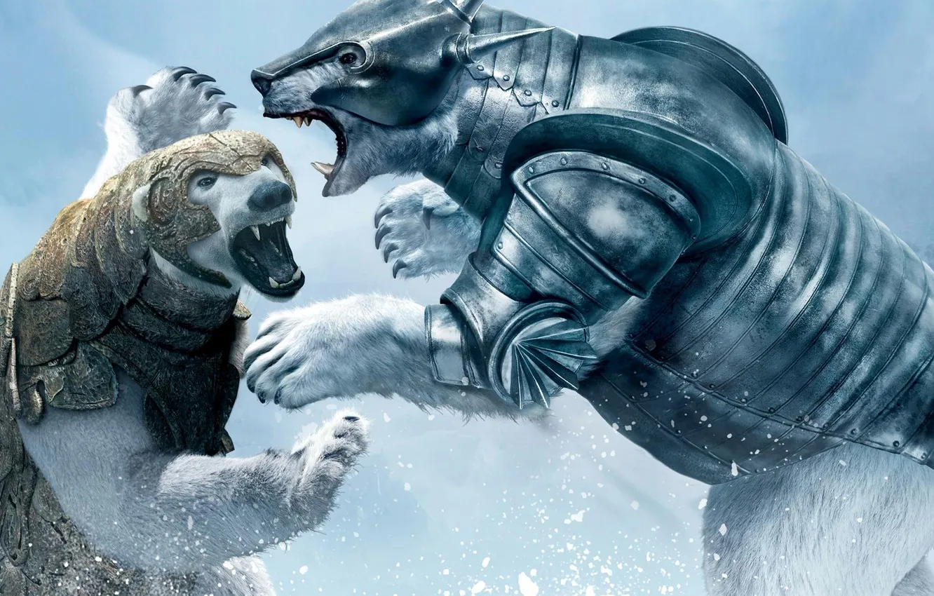 Фото обои снег, фентези, борьба, медведь, приключения, золотой компас, the golden compass, Свальбард