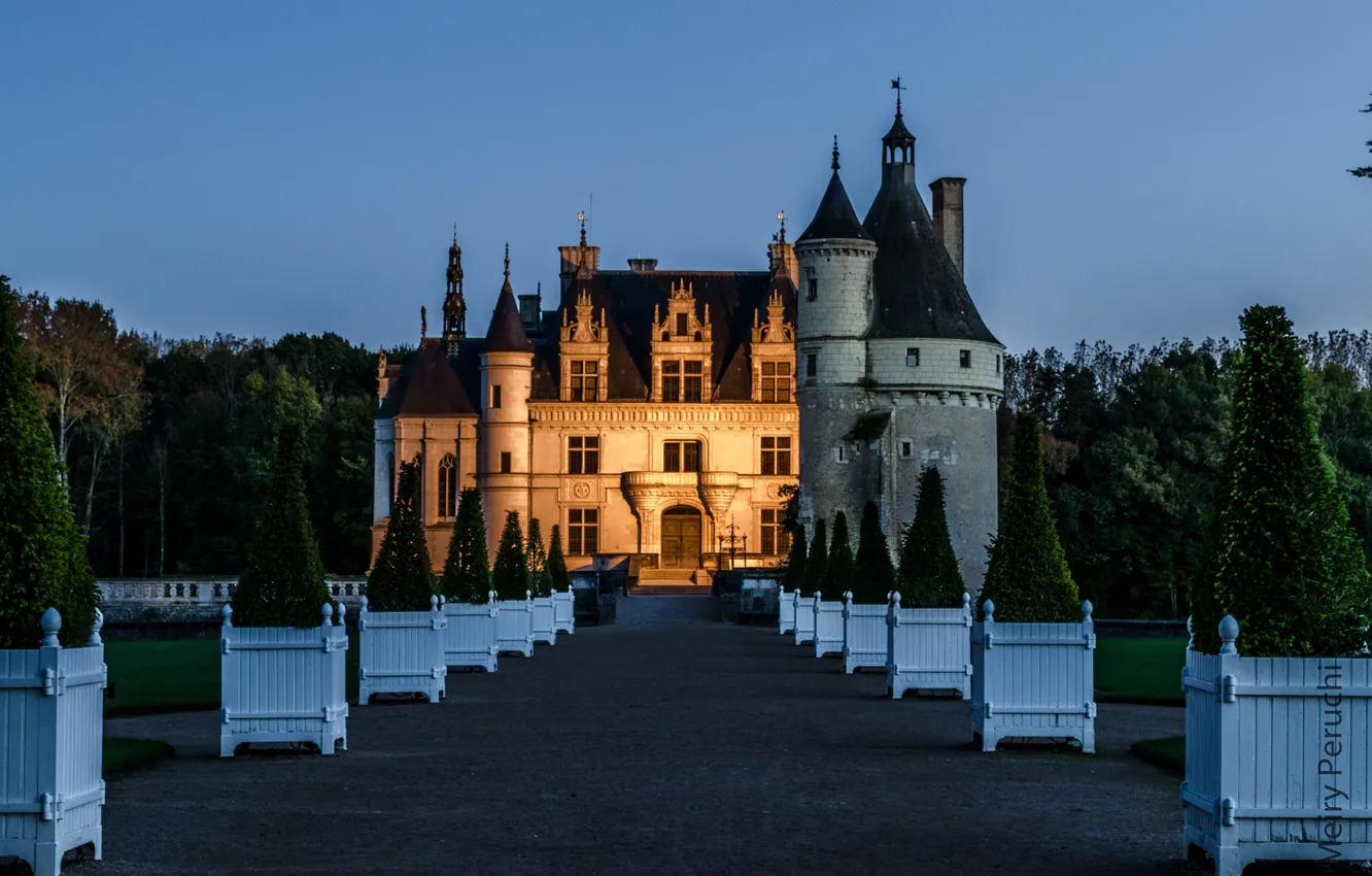 Фото обои деревья, дизайн, замок, газон, Франция, вечер, сад, Chateau de Chenonceau