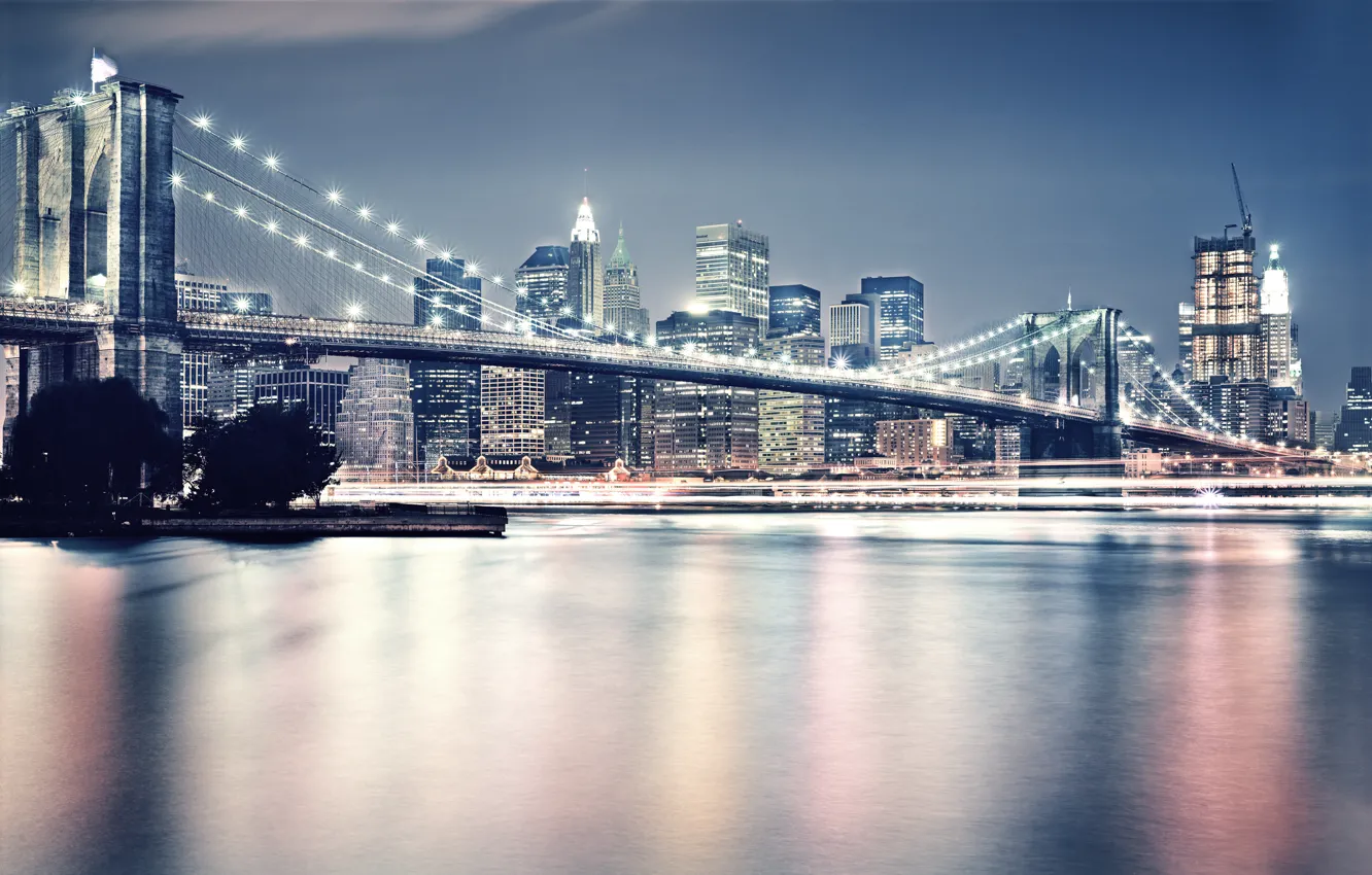 Фото обои свет, город, Нью-Йорк, Бруклин, Бруклинский мост, Манхэттен, сша, new york