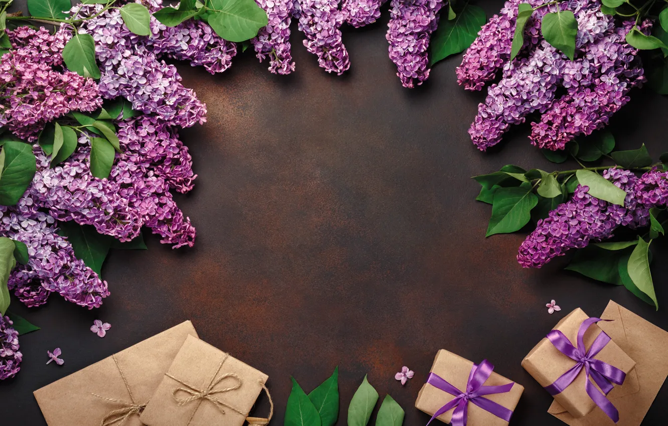 Фото обои цветы, подарок, wood, flowers, сирень, lilac, frame, gift box