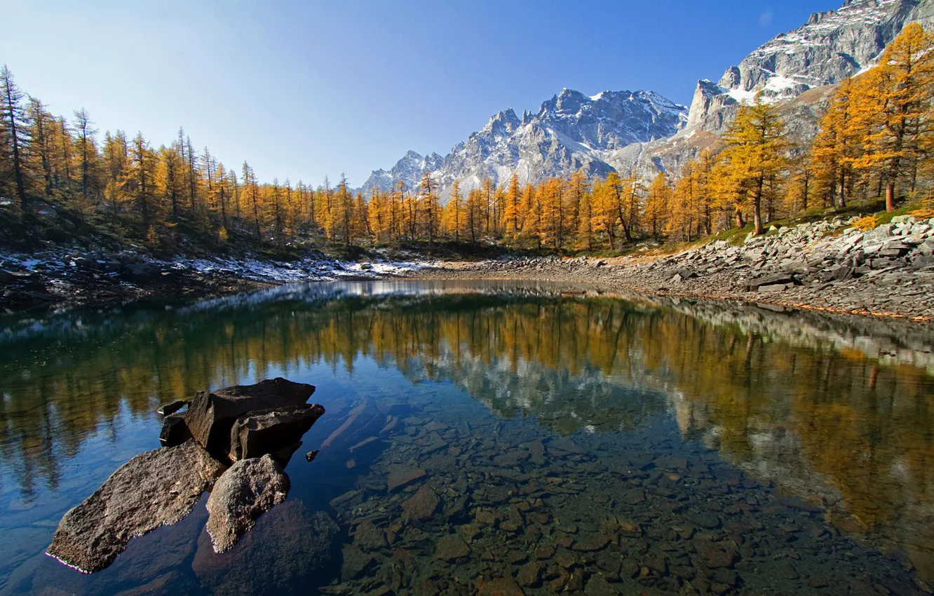 Фото обои осень, небо, снег, деревья, горы, озеро, камни