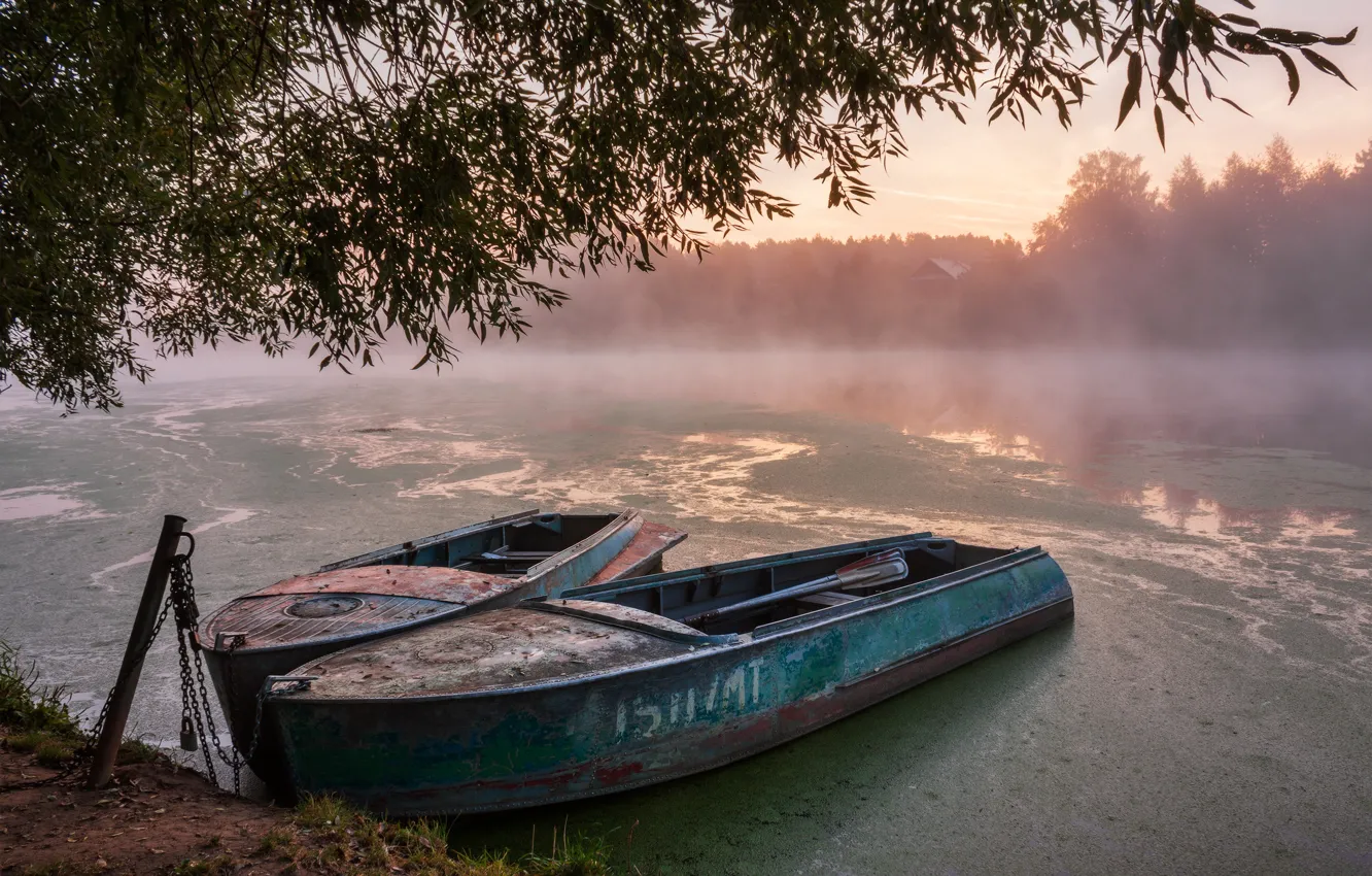 Фото обои пейзаж, ветки, природа, туман, река, рассвет, лодки, утро