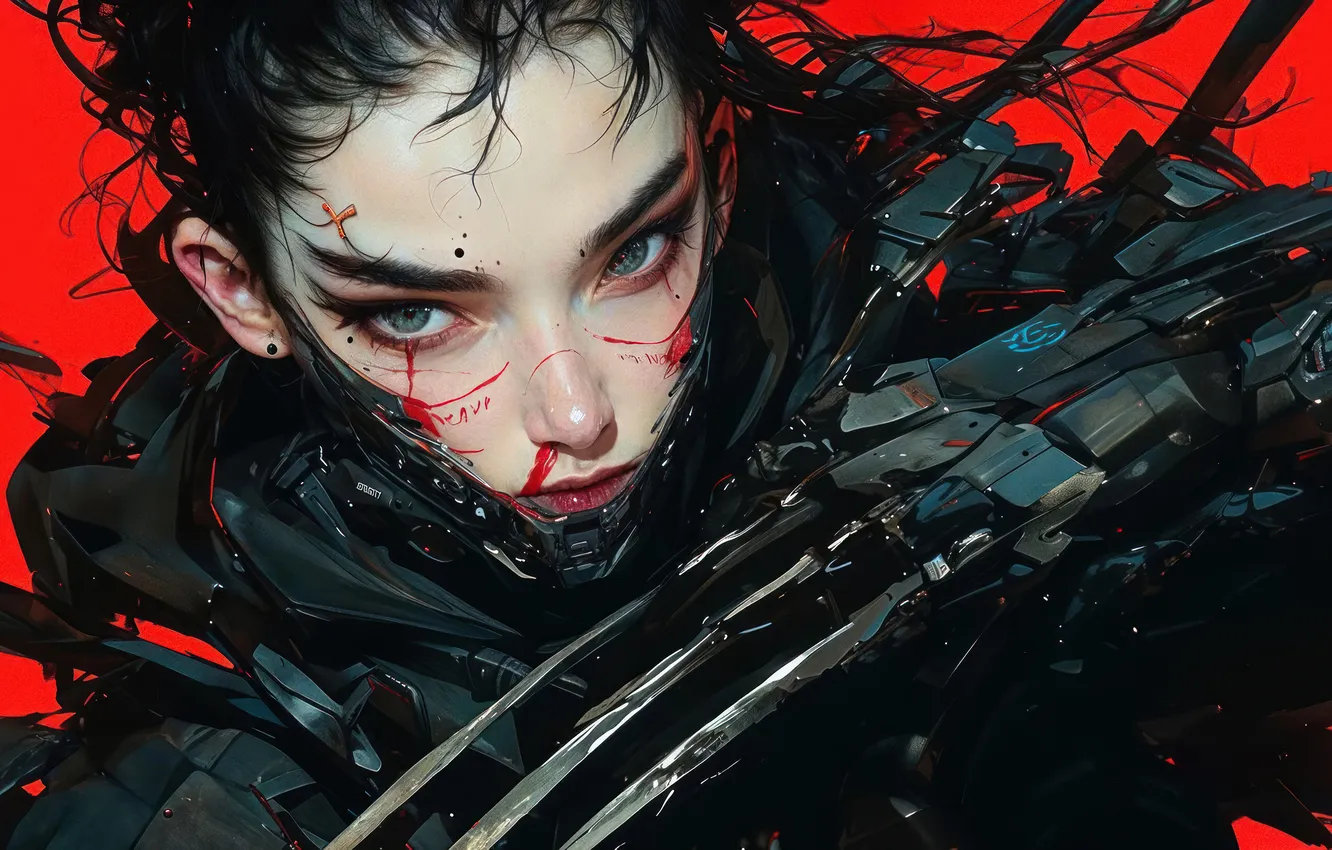 Фото обои Girl, Anime, warrior, Red Background, Cyberpunk, Anime Girl, AI Generated, Claw