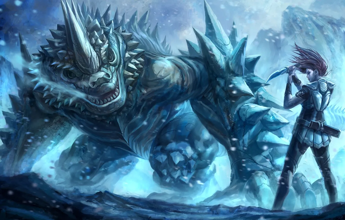 Фото обои armor, woman, blue, mountains, knife, cold, creature, Gigantic