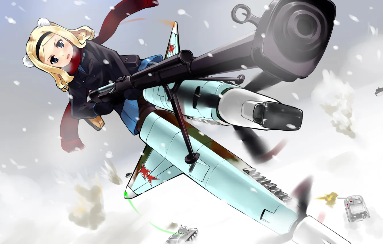 Фото обои поле, девочка, летит, танки, пропеллеры, противотанковое ружьё
