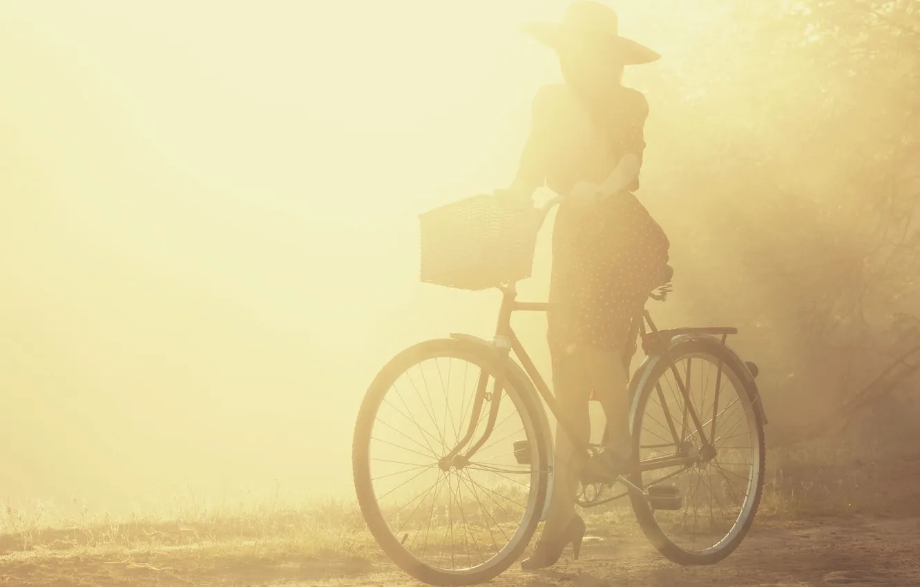 Фото обои асфальт, девушка, солнце, велосипед, фон, земля, обои, корзина