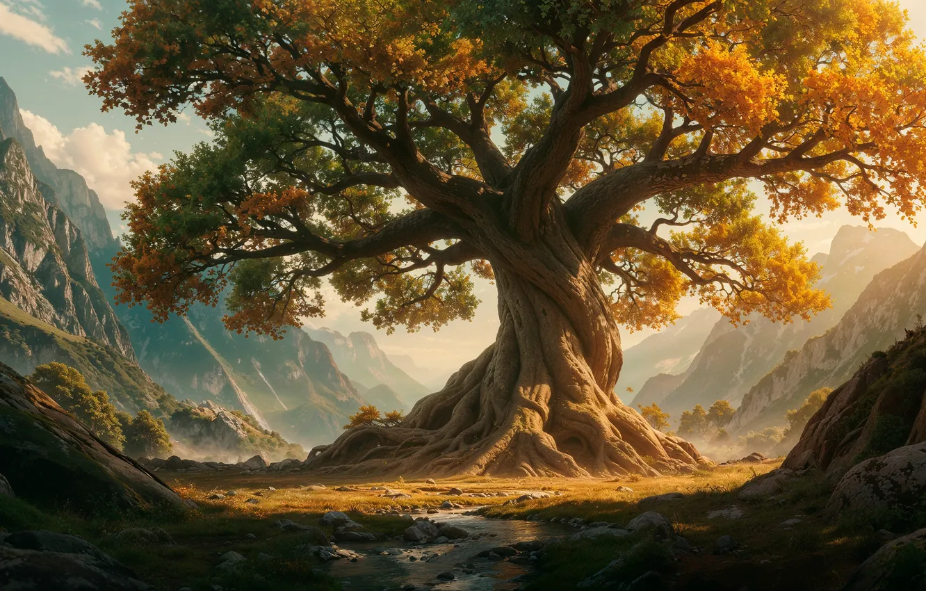 Фото обои осень, свет, деревья, пейзаж, горы, природа, корни, туман