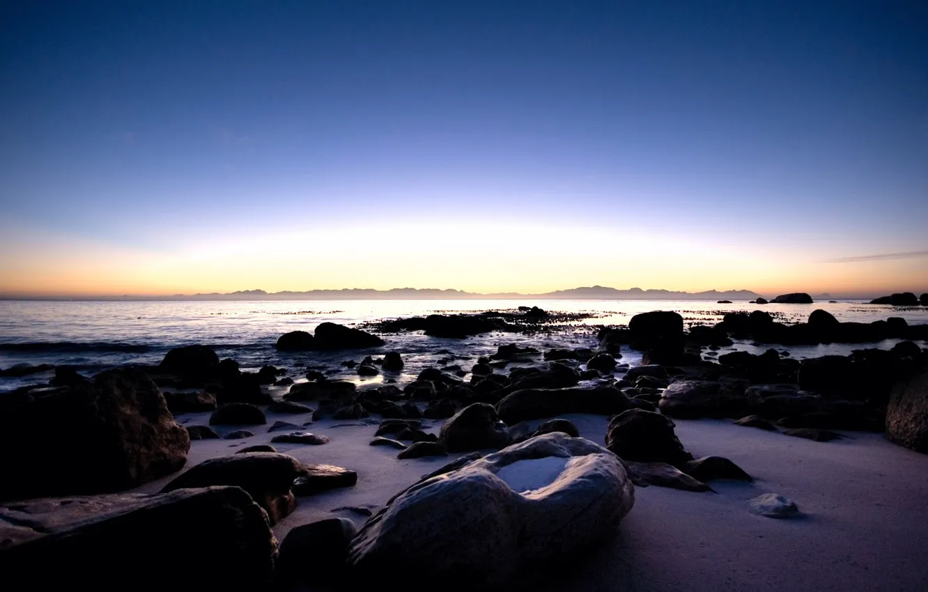 Фото обои восход, камни, берег, утро