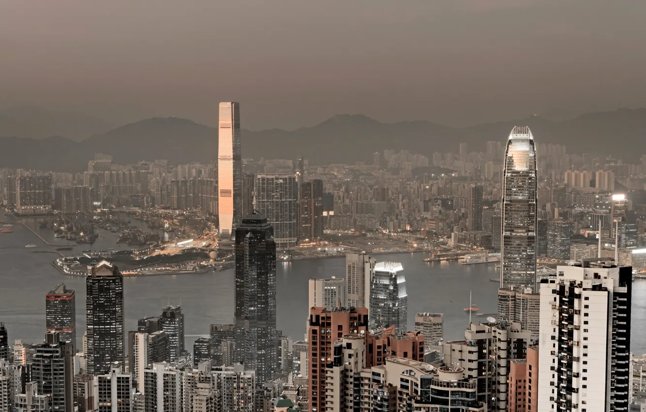Фото обои море, горы, Гонконг, небоскребы, порт, панорама, Китай, мегаполис