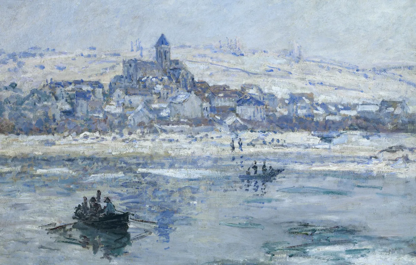Фото обои пейзаж, река, лодка, картина, Клод Моне, Ветёй Зимой
