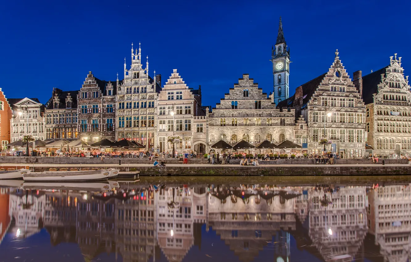 Фото обои Лис, отражение, река, здания, Бельгия, набережная, Belgium, Гент