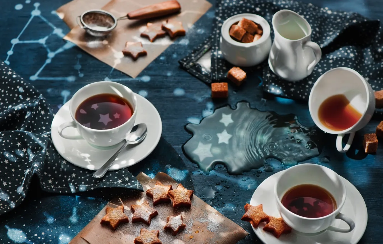 Фото обои звезды, чай, чашки, печеньки