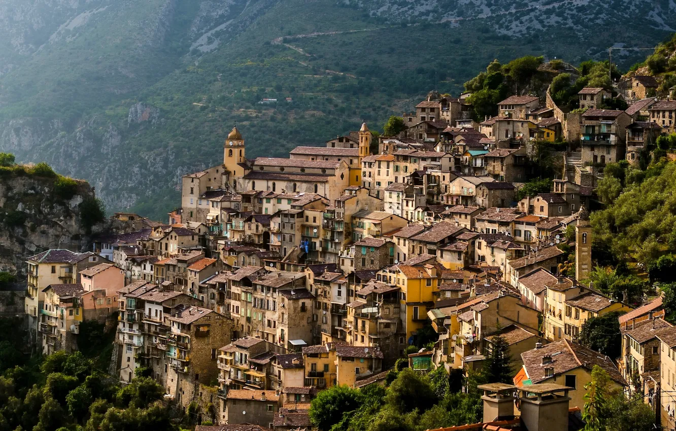 Фото обои Франция, здания, склон, панорама, домики, France, горная деревня, Саорж