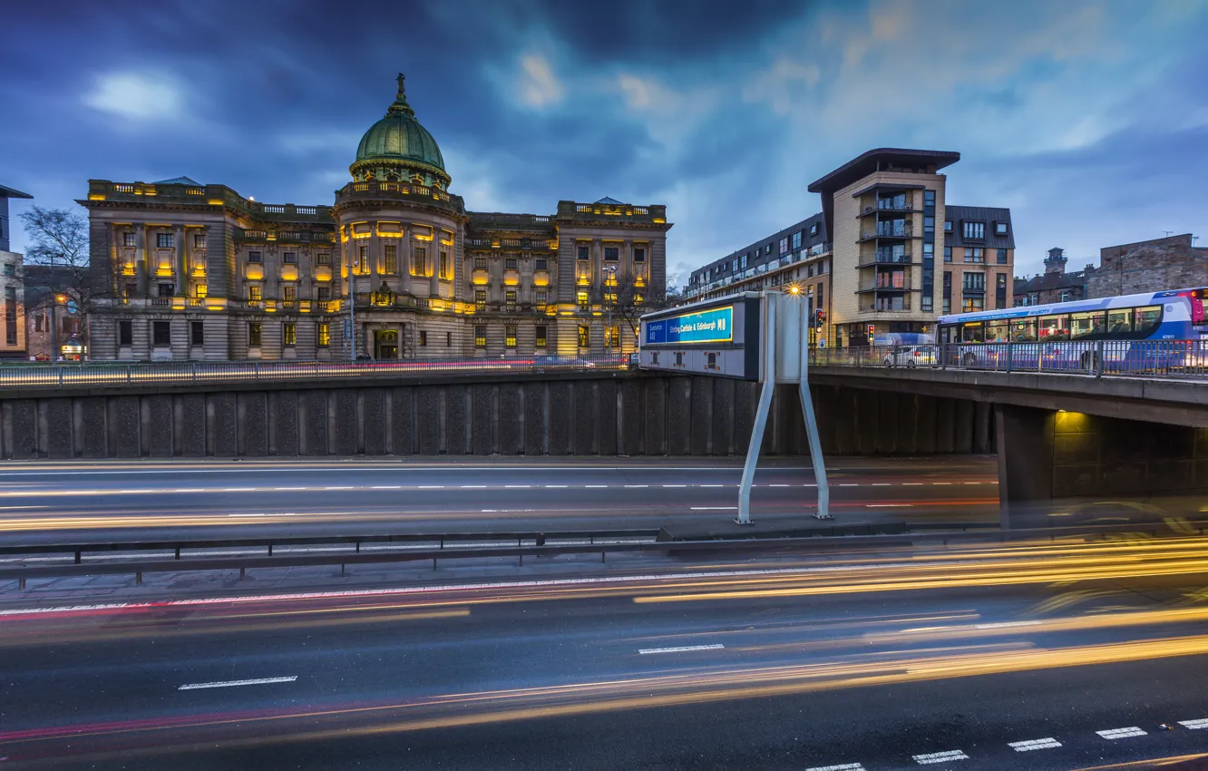 Фото обои дорога, мост, огни, вечер, Шотландия, фонари, дворец, Glasgow