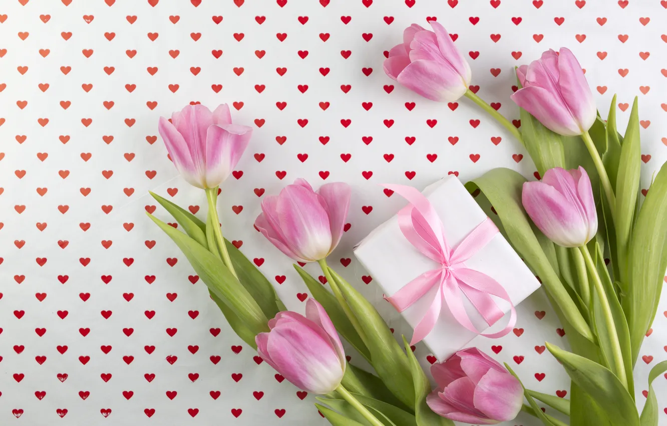 Фото обои цветы, фон, подарок, букет, сердечки, тюльпаны, розовые