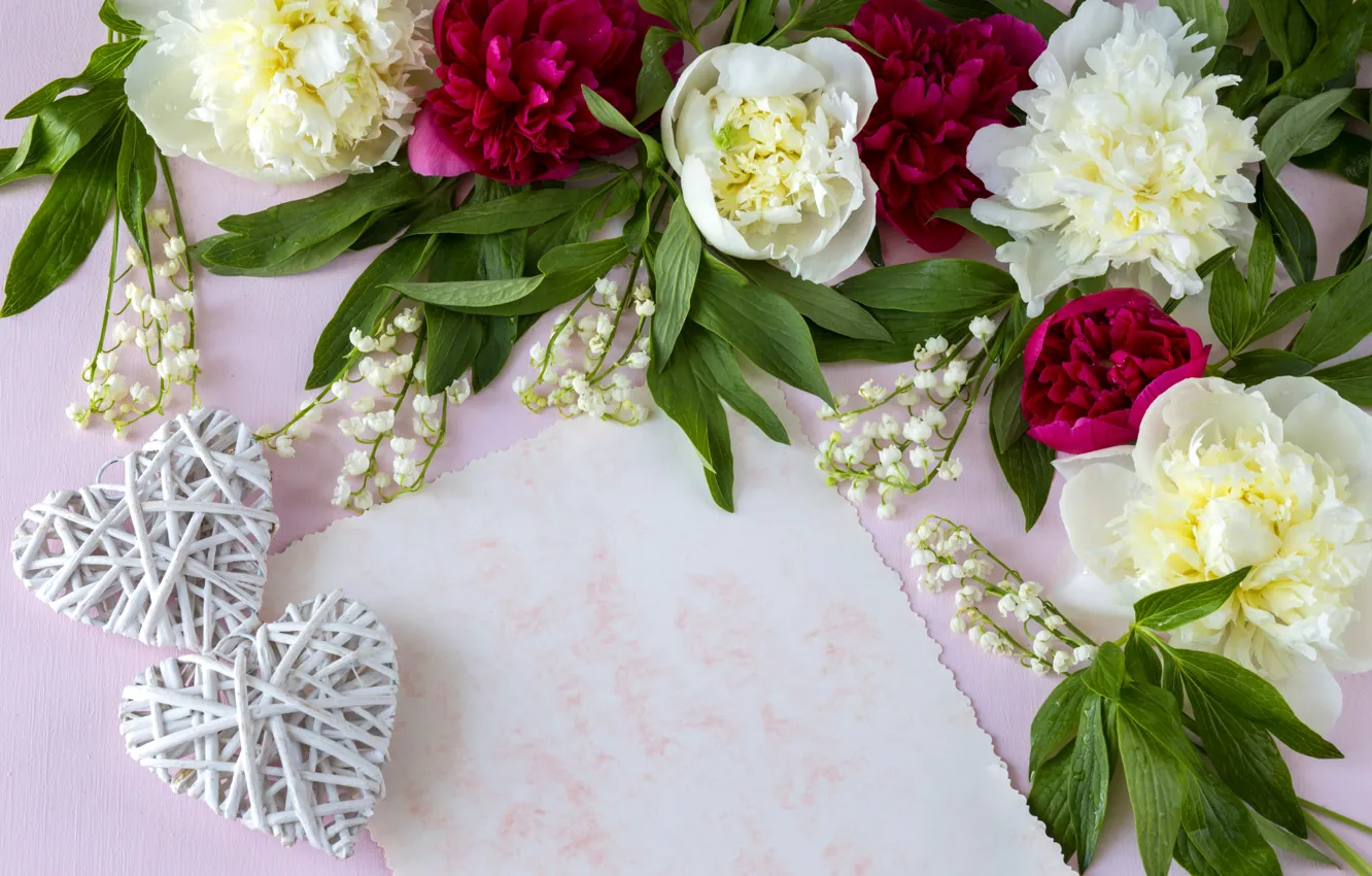 Фото обои цветы, сердце, white, pink, flowers, romantic, hearts, пионы
