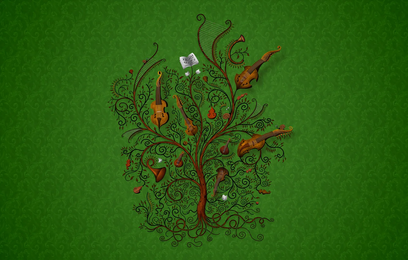 Фото обои музыка, дерево, Зеленый, инструменты