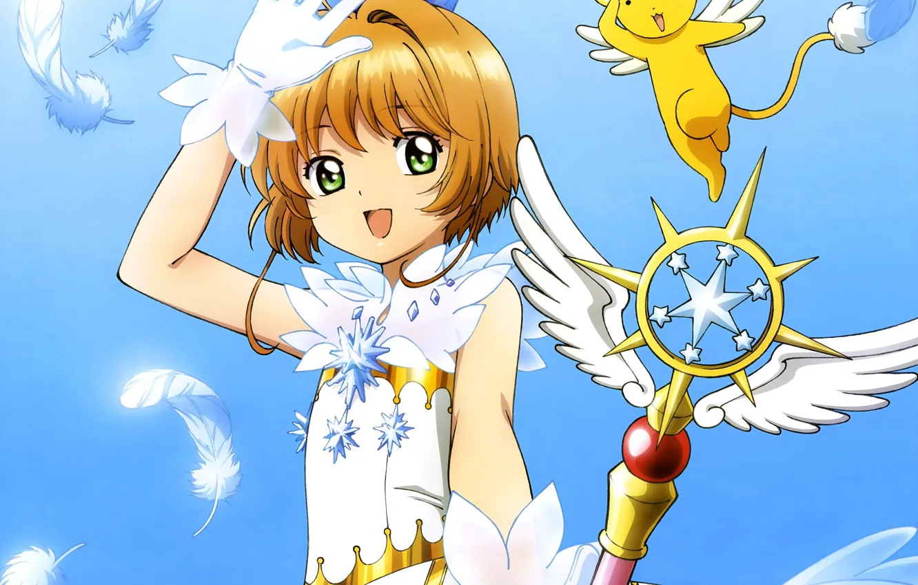 Фото обои небо, улыбка, крылья, ангел, девочка, Card Captor Sakura, Сакура - собирательница карт