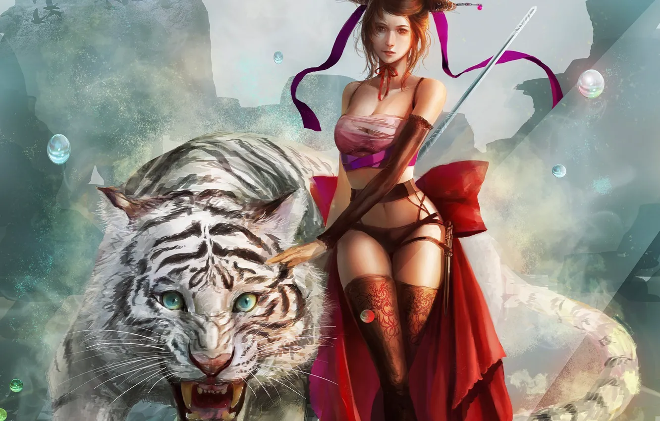 Фото обои взгляд, девушка, тигр, фантастика, животное, волосы, чулки, арт