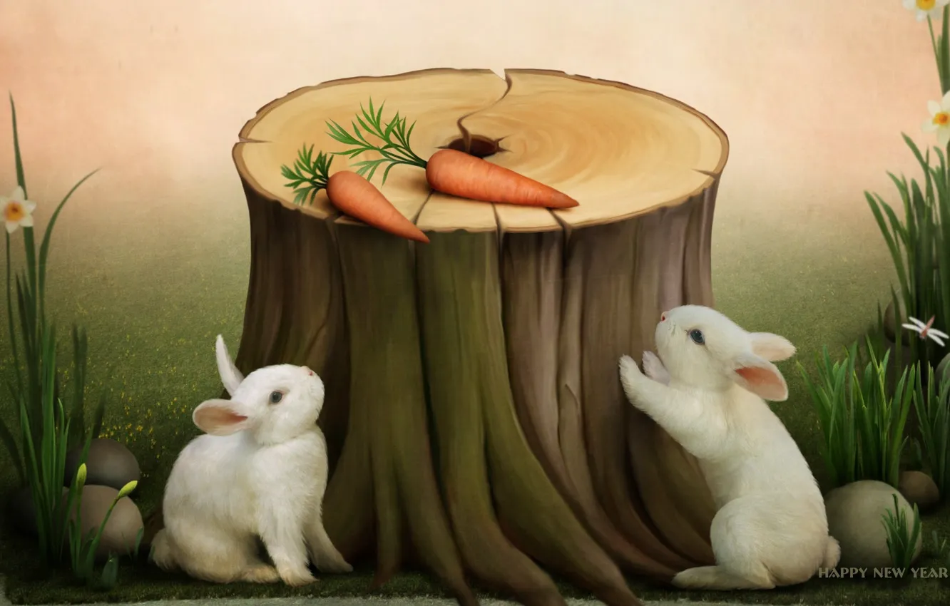 Фото обои праздник, морковка, кролик, пенек, happy new year, поздравления, символ года, открытка