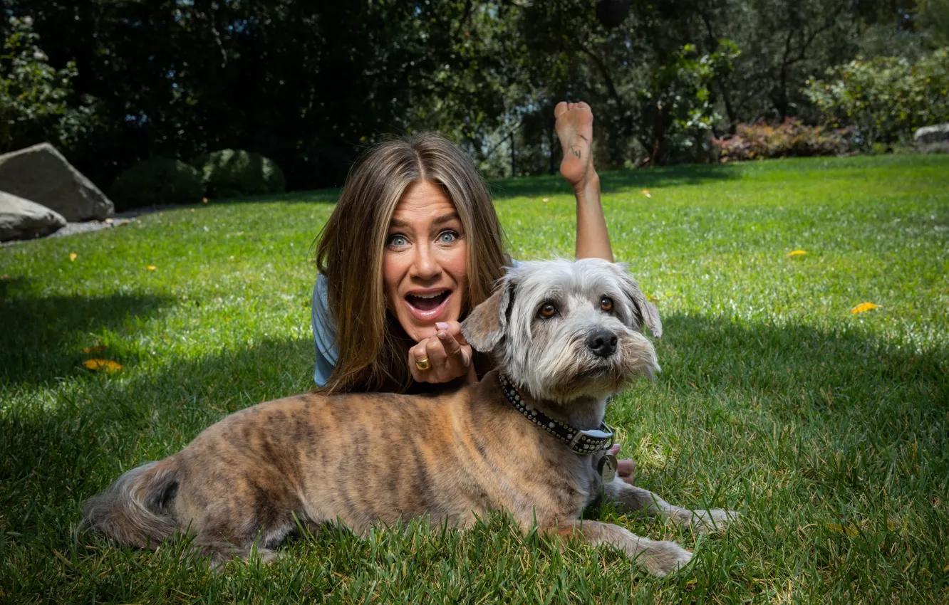 Фото обои актриса, лежит, Дженнифер Энистон, Jennifer Aniston, красивая, ножка, собачка, лужайка