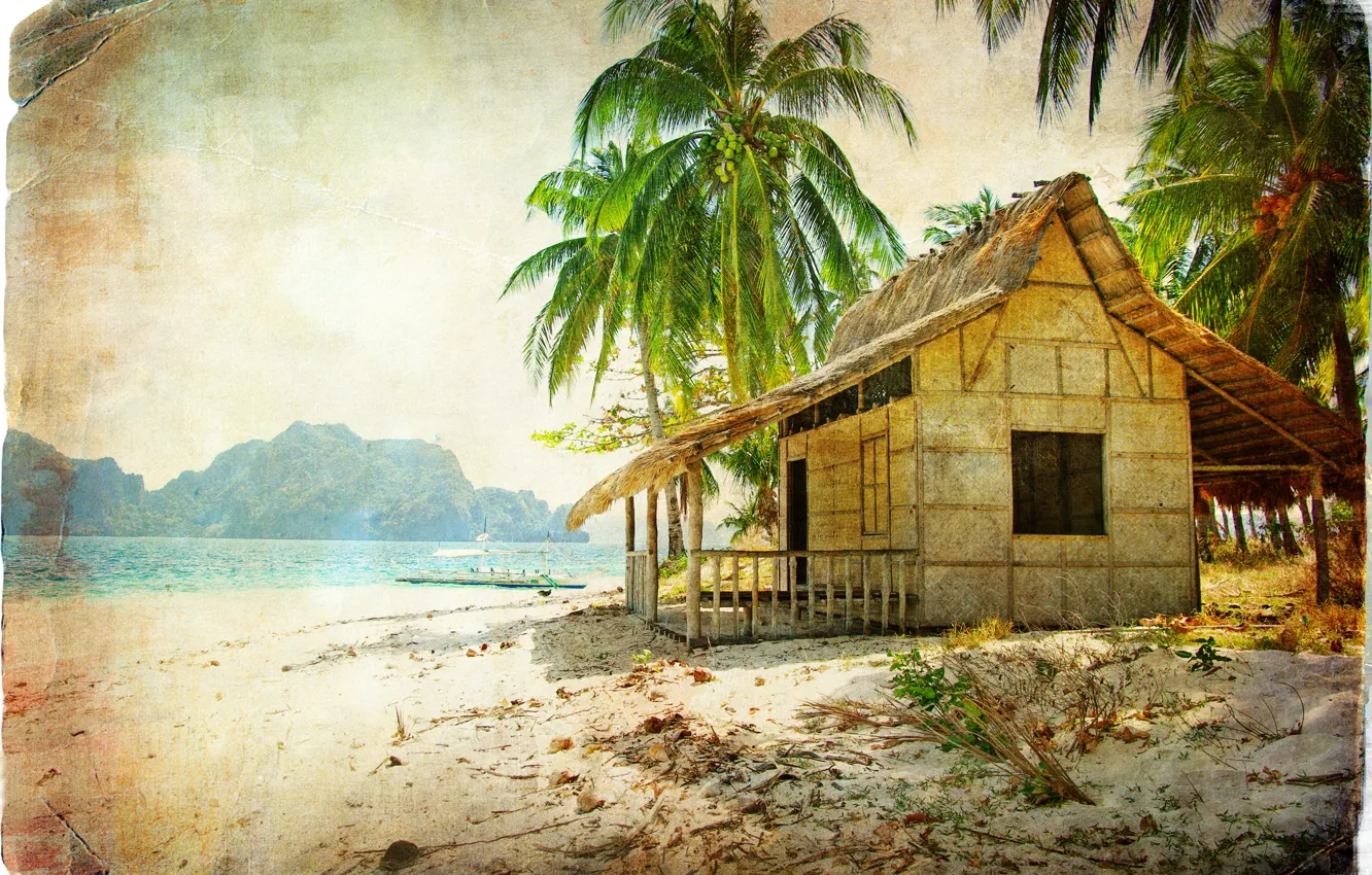 Фото обои море, пляж, пальма, хижина, кораблик, vintage, винтаж, кокосы