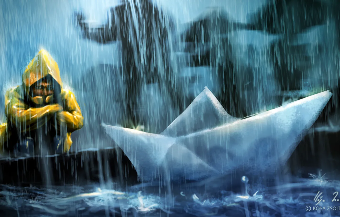 Фото обои дождь, человек, арт, кораблик