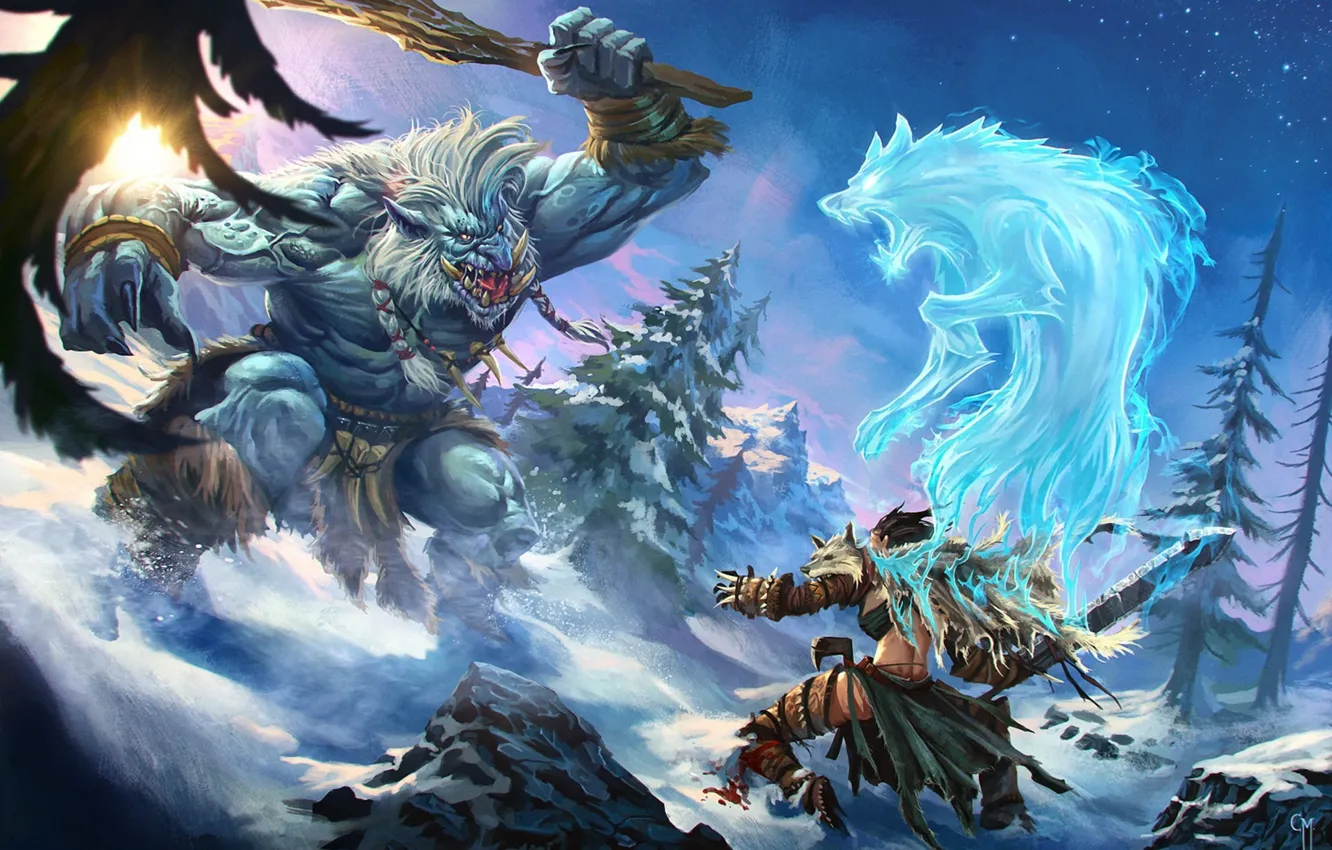 Фото обои снег, монстр, дух, воин, фэнтези, арт, битва