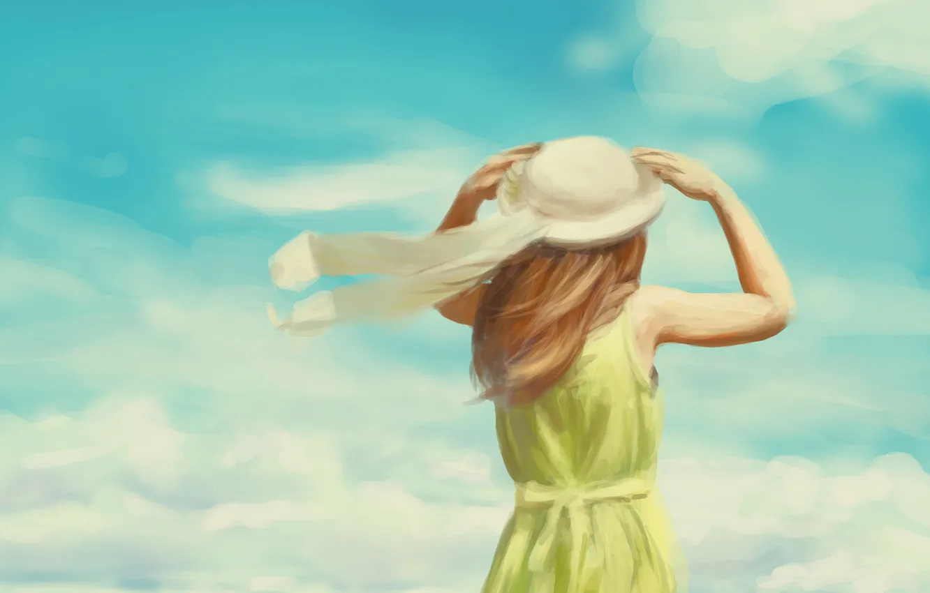 Фото обои лето, девушка, ленты, ветер, шляпа, арт, спиной