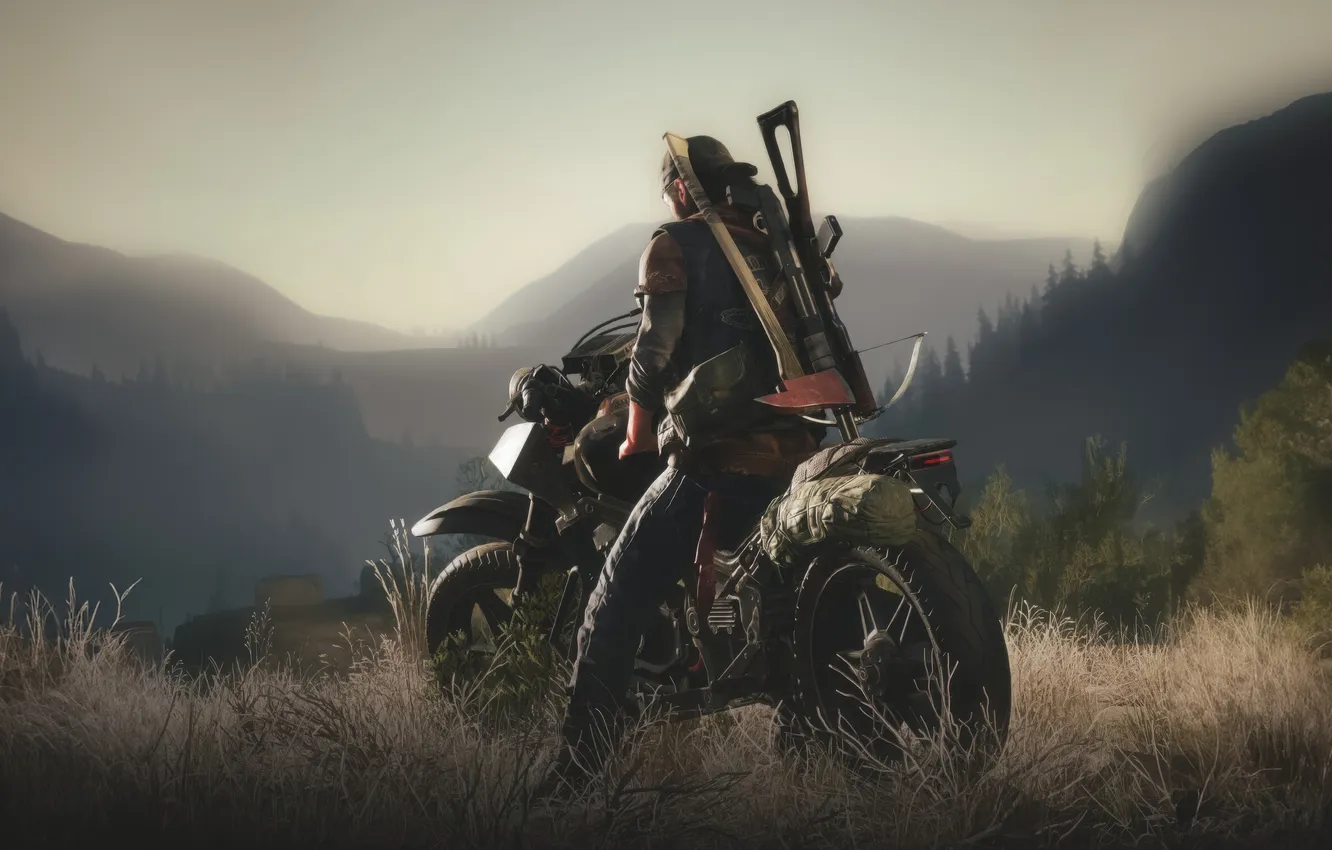 Фото обои axe, zombie, man, survivor, cap, shotgun, crossbow, days gone