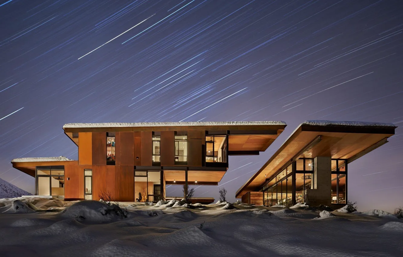 Фото обои свет, снег, дом, окна, house, star, modern, night
