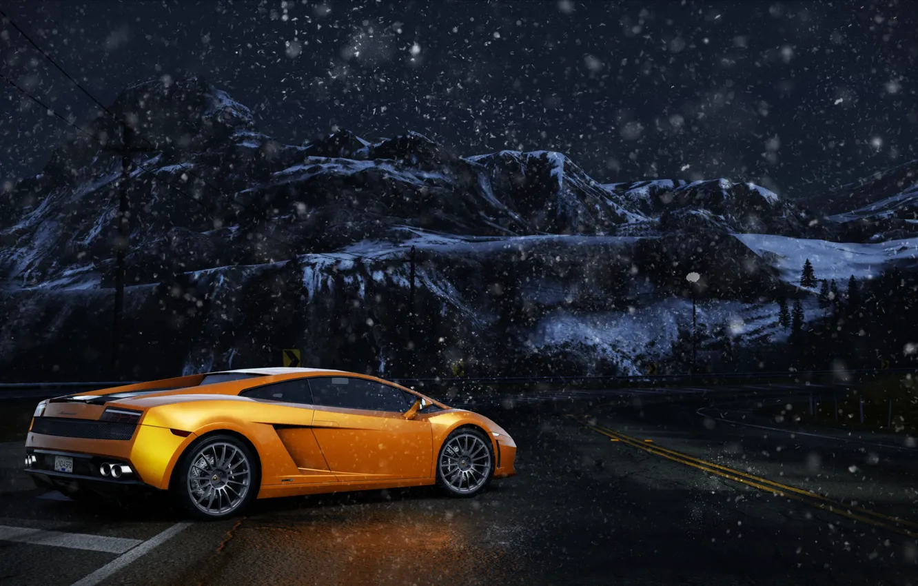 Фото обои горы, ночь, Lamborghini, Gallardo, NFS, снегопад, snow, NeedForSpeed