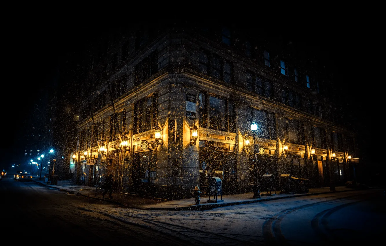 Фото обои House, Winter, Lights, Night, Snow, Building, Cold, Eveving