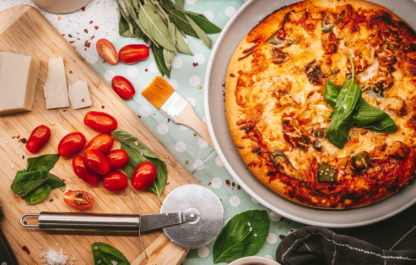 Фото обои pizza, tomatoes, dough, ingredients