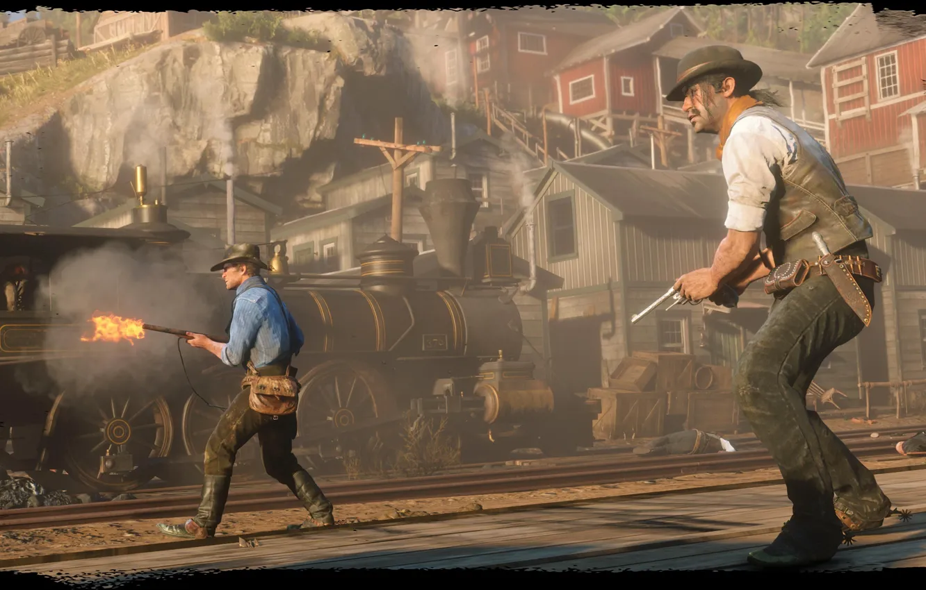 Фото обои рельсы, поезд, шляпа, револьвер, Rockstar, Бандит, Red Dead Redemption 2, Arthur Morgan