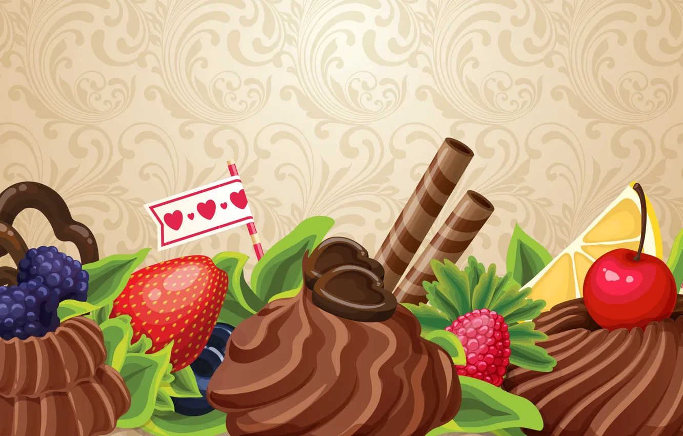 Фото обои абстракция, ягоды, сладость, шоколад, пирожное, фрукты, крем, chocolate