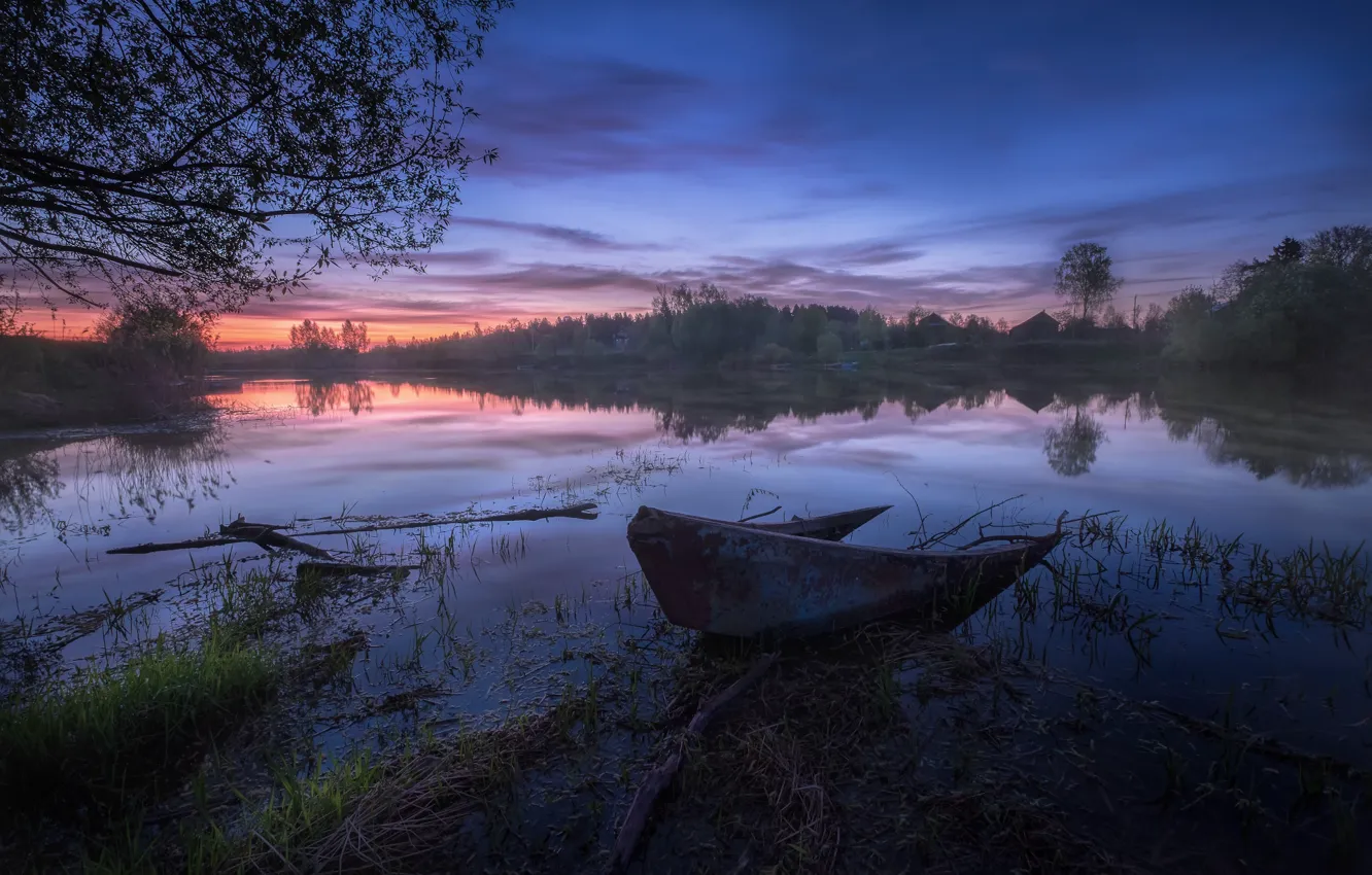 Фото обои пейзаж, природа, туман, река, рассвет, лодка, утро, Дубна