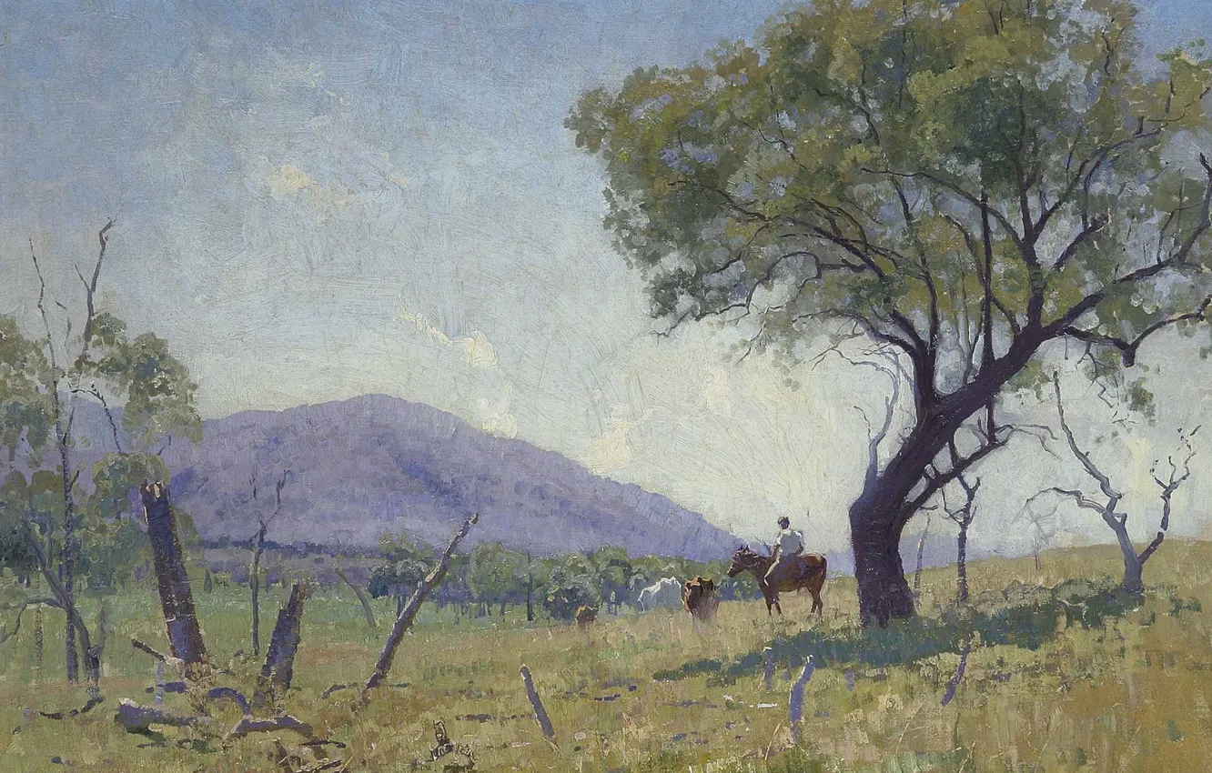 Фото обои пейзаж, дерево, гора, картина, Elioth Gruner, Долина Мингоола, Элиот Грюнер